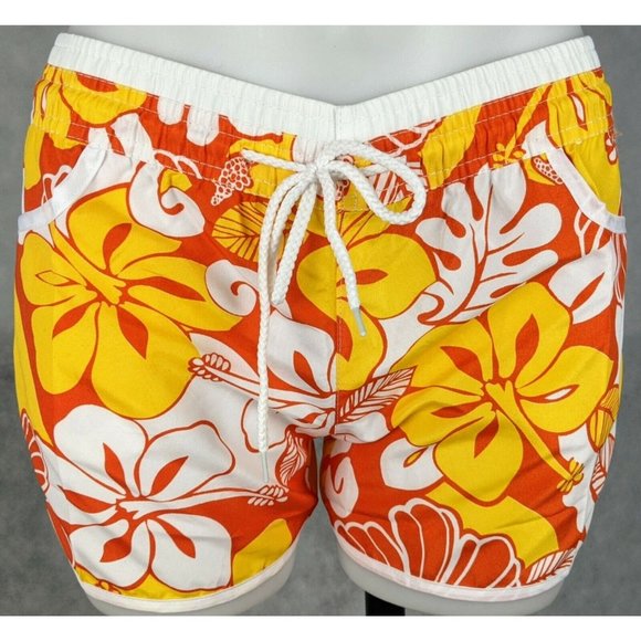 Unbranded Pants - Women's Board Shorts Elastic Waist Yellow Floral Pockets White Trim